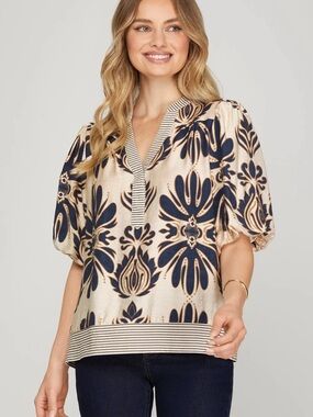 She + Sky Navy and Cream Floral Split V Henley Blouse